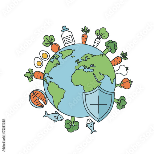 Healthy food choices around the world, including fish, eggs, and vegetables. Vector.