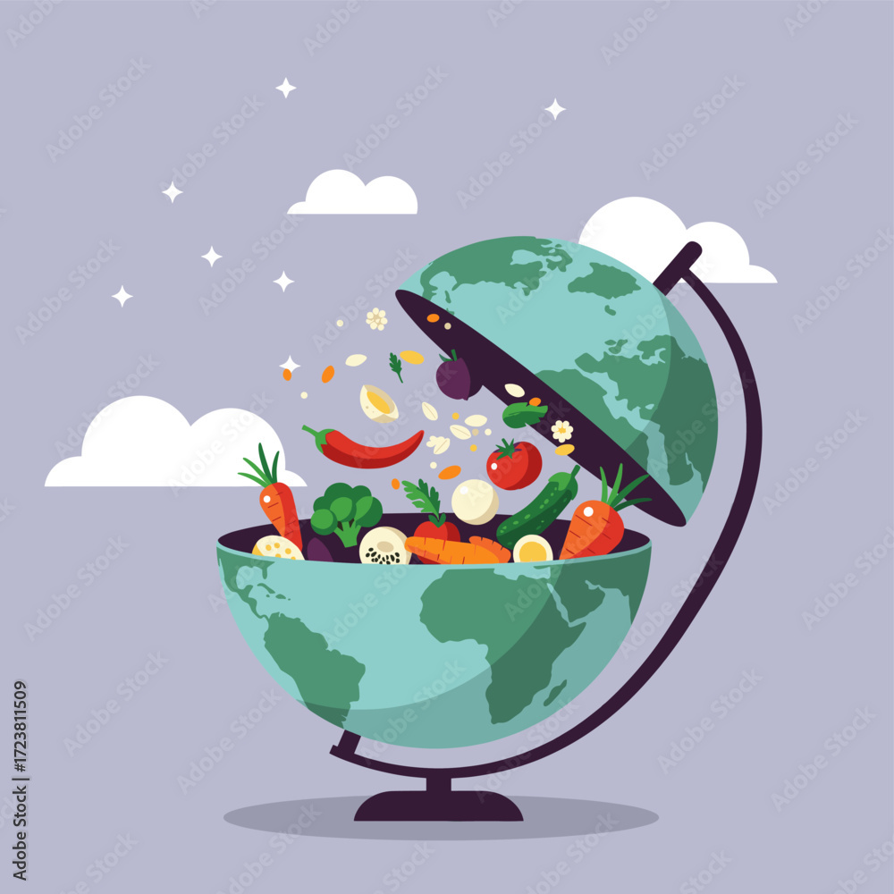 Naklejka premium Globe filled with fresh vegetables and fruits. Global food and healthy eating concept.