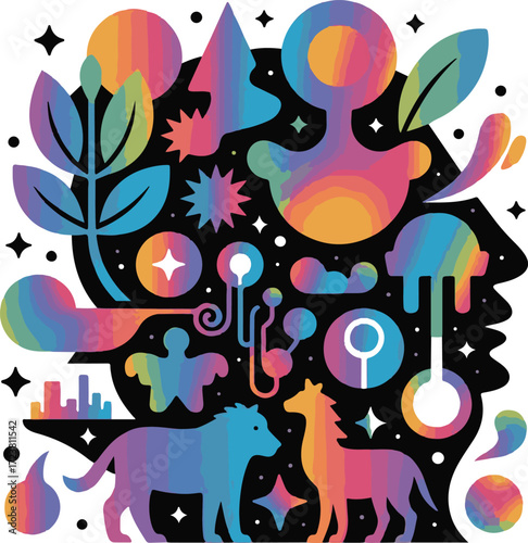 Vibrant Abstract Silhouette of a Head Filled with Symbols and Animals