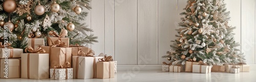 Festive Indoor Scene With Decorated Christmas Trees and Gift Boxes During Hol...