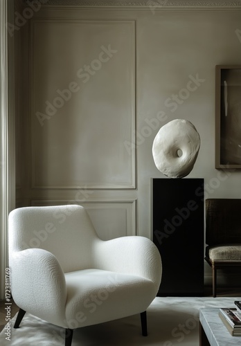 Modern Interior Design Featuring a Cozy Chair and Artistic Sculpture in a Ser...