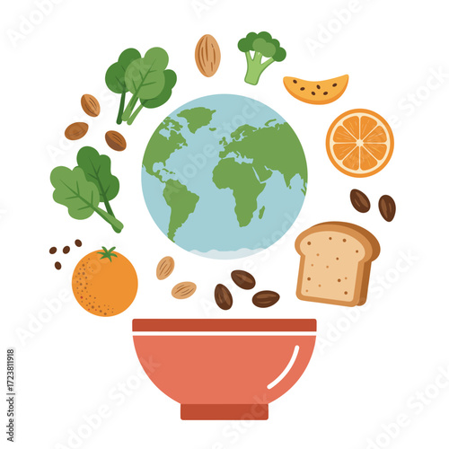 Healthy food concept with earth, fruits, vegetables, nuts and grains in bowl.