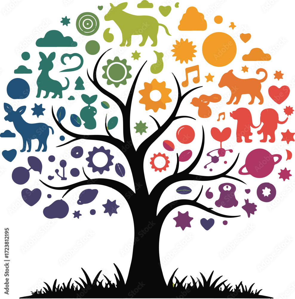 Obraz premium Colorful Tree of Life with Diverse Icons and Silhouettes