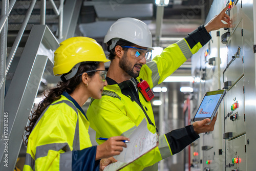 A manager and worker discuss HVAC inspection, ensuring efficiency and safety in a modern manufacturing facility.
