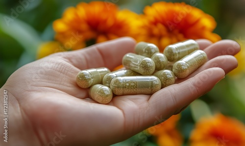 Natural Herbal Capsules Placed in a Hand With Vibrant Marigold Flowers in the...