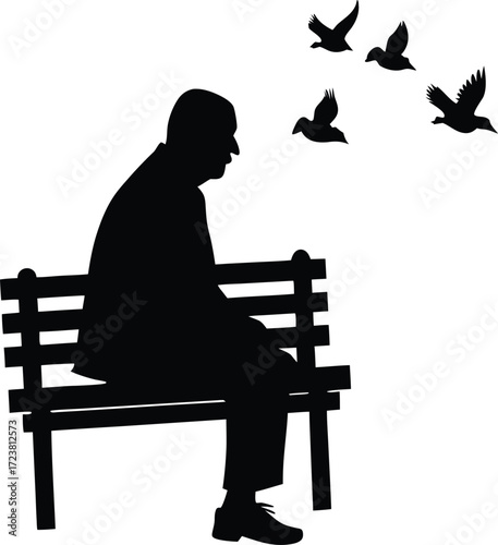 Silhouette of an elderly man sitting peacefully on a wooden bench