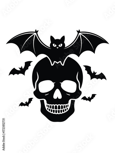 Spooky halloween skull with bat silhouette and flying bats