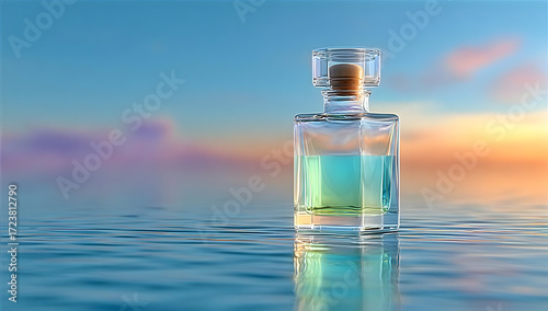 A beautiful glass bottle of perfume reflecting on tranquil water at sunset.