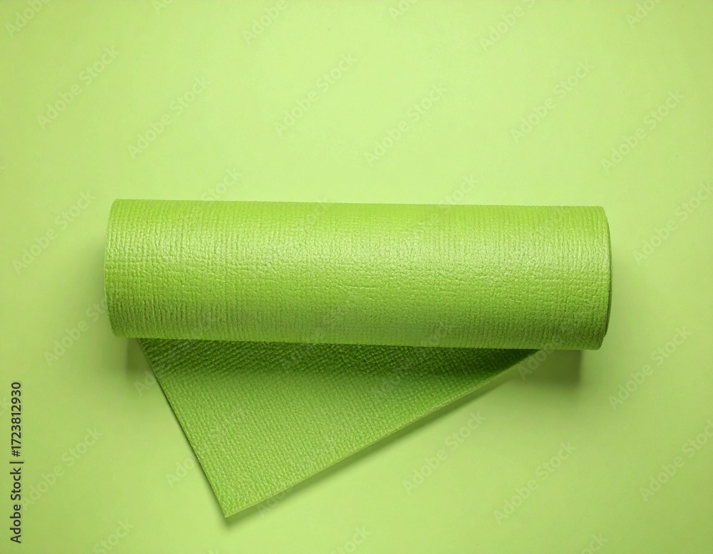 Obraz premium Single yoga mat rolled up on pastel green background, top view 