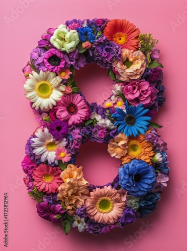 Floral Number Eight Made of Colorful Flowers on Pink Background.
