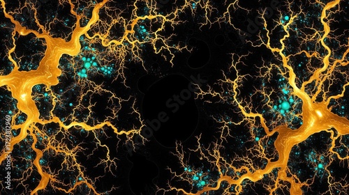 Intricate glowing neural network design resembling tree branches with yellow accents and turquoise dots against a dark b