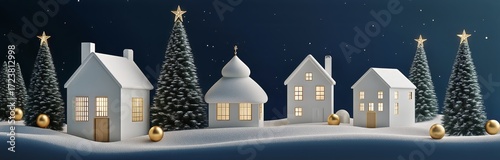 Winter Village Scene With Snow-Covered Houses and Decorated Trees at Night