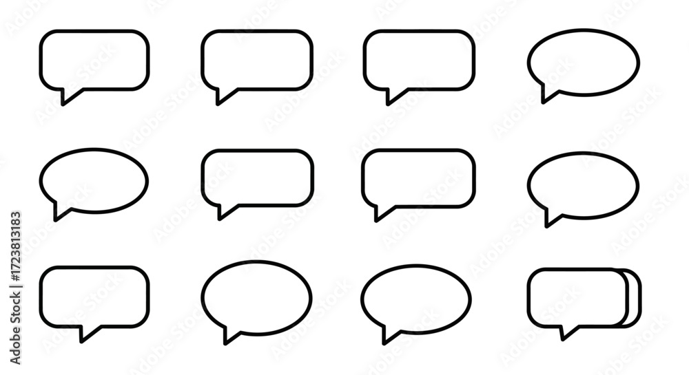 Fototapeta premium Collection of Black Outline Speech Bubbles on White Background.