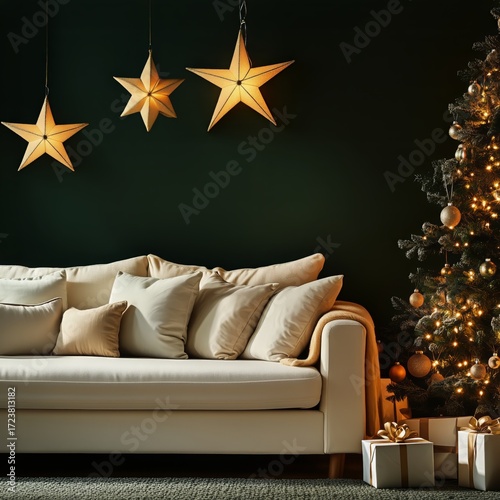 Cozy Living Room Decorated for the Holiday Season With a Tree and Festive Lig...
