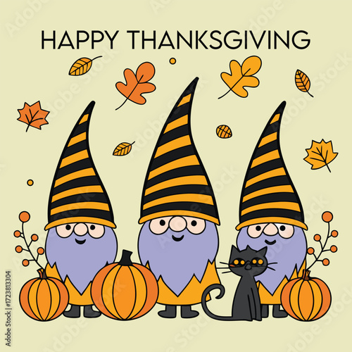 Happy Thanksgiving features gnomes with pumpkins and a black cat standing against a cream background