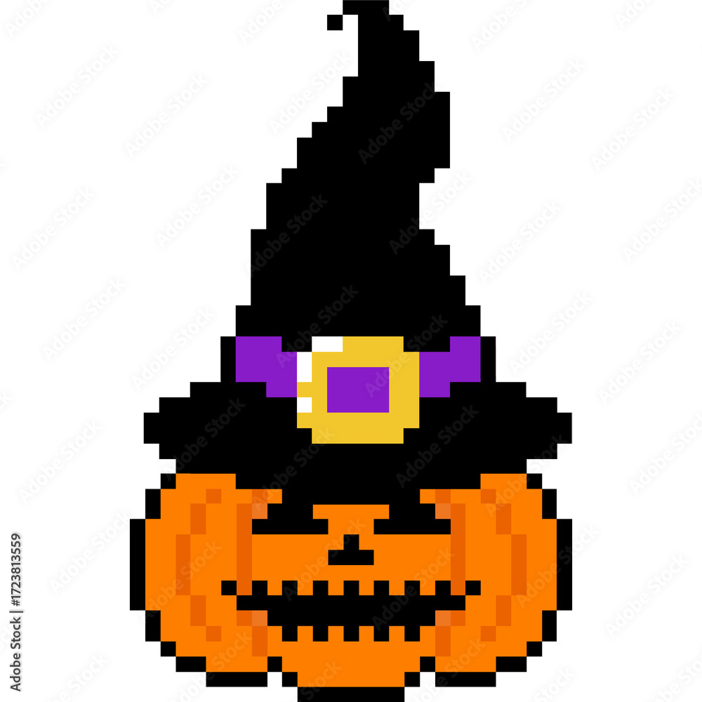 Fototapeta premium Halloween pumpkin with witch hat. Halloween clip art pixel art style 