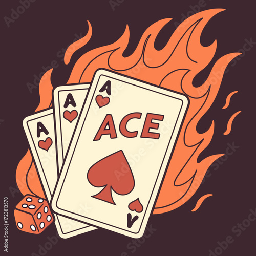 Vector illustration of ace playing cards with dice and fire flames perfect for casino design and gambling themes