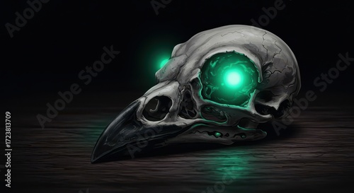 A stylized raven skull, resting on a wooden surface, glows with vibrant emerald-green light emanating from its eye socket, conveying an eerie and otherworldly atmosphere.