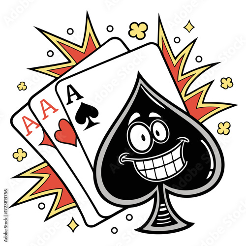 Vector illustration of ace playing cards with cartoon smiling spade character perfect for casino gambling and fun design themes