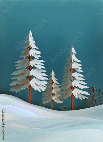 Winter Landscape With Snow-Covered Trees Under a Night Sky