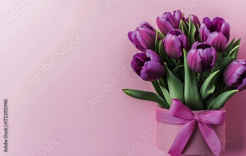 Fresh Purple Tulips in a Pink Pot With a Ribbon on a Light Pink Background