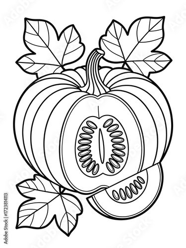 Outline of a pumpkin with leaves and a slice