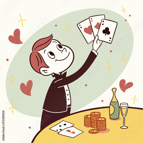 Vector illustration of a cartoon casino player holding winning cards with chips champagne and glass perfect for gambling and celebration themes