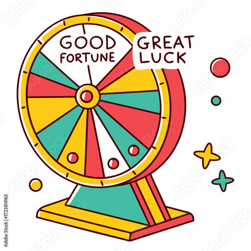 Playful vector illustration of a fortune wheel or prize spinner in bright red, yellow, and green colors with the words “Good Fortune” and “Great Luck.” Perfect for themes related to casinos, gambling,