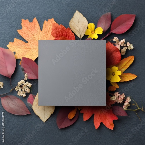 Colorful Fall Leaves Surrounding a Gray Square in a Decorative Arrangement on...
