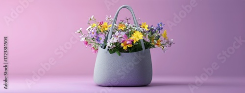 Beautiful Bag Filled With Colorful Flowers Against a Soft Pastel Background