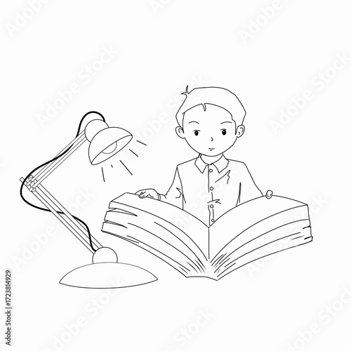 sketch of a little boy reading a book on a white background