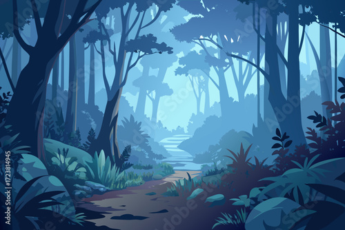 Enchanting misty forest landscape with winding river, evoking tranquility and wonder, perfect for nature documentaries, fantasy games, and serene backgrounds
