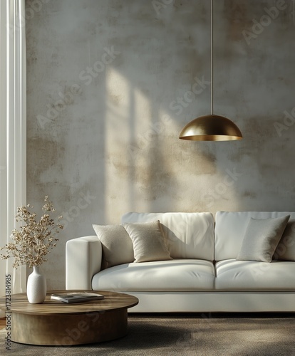 Modern Living Room With Neutral Tones and Golden Lighting in a Cozy Home Sett...