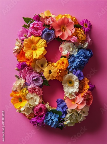 Floral Number Eight Made of Colorful Flowers on Pink Background