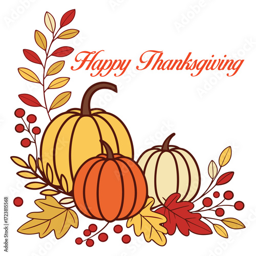 Happy Thanksgiving message with pumpkins, colorful leaves, and berries against a transparent background