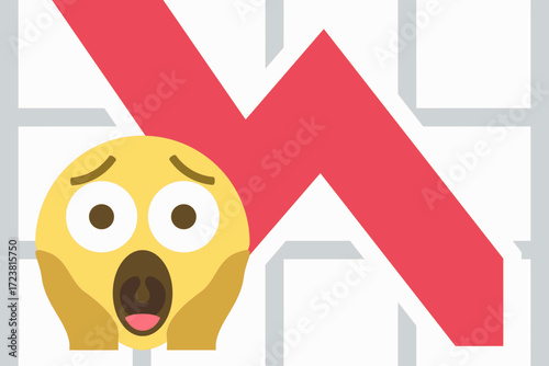 Illustration of shocked emoji face in front of a downward red trend line. Concept of stock market crash, financial loss, economic crisis, or business decline.