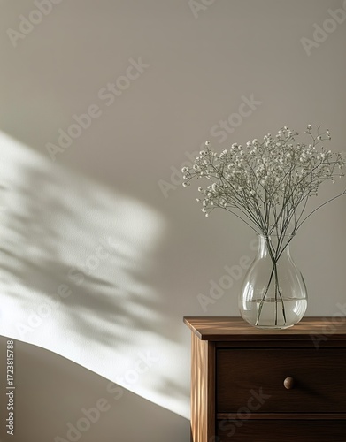 Decorative Flower Arrangement in a Glass Vase on Wooden Dresser in a Serene R...