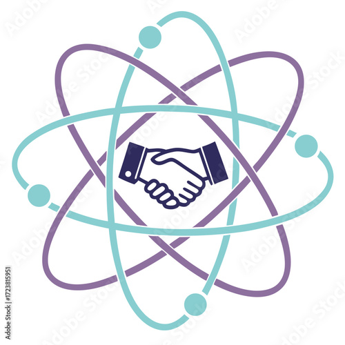 Handshake inside atom model representing collaboration