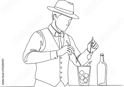 Male bartender preparing cocktail in vintage style illustration  