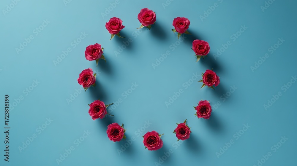 Obraz premium lay. Circular arrangement of vibrant roses against a blue background, top-down view. gardening catalogs, home-decor guides, designed for gardening and botanical catalogs, used by data analysts.