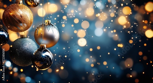 Elegant Silver and Gold Ornaments Hanging Against a Festive Blue Bokeh Backgr...