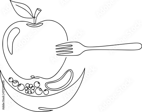 Abstract line drawing of apple with fork and slice of melon  