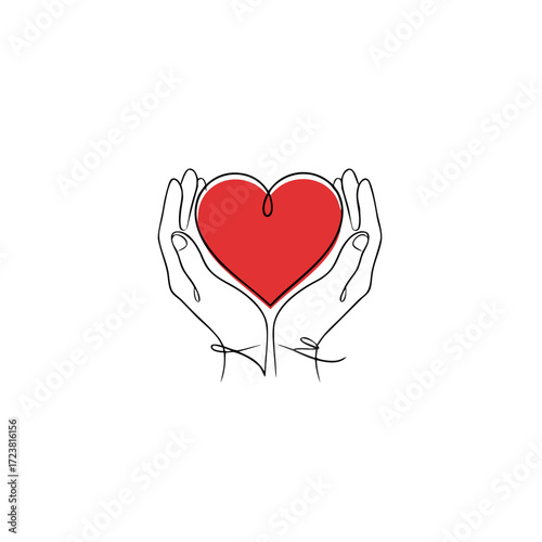Red heart held by two hands in a minimal linear design  