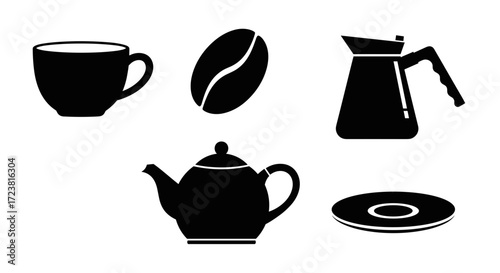 Illustration of coffee cup bean carafe teapot and saucer in silhouette