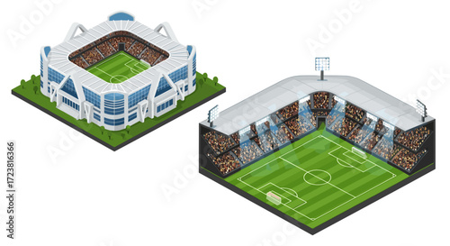 Isometric view of two stadiums with fields and spectator seating areas