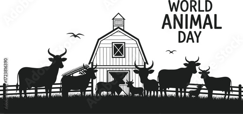 Vector illustration of cows and barn for World Animal Day