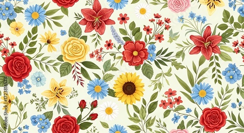 Wallpaper Mural Vibrant Floral Pattern with Various Flowers and Leaves. Torontodigital.ca