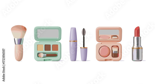 Arrangement of makeup brush eyeshadow mascara blush and lipstick products