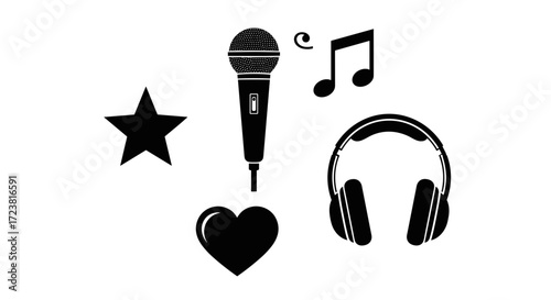 Illustration of microphone headphones music note star and heart shape art