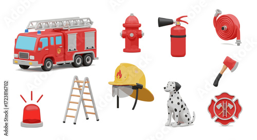 A collection of firefighting equipment and symbols on a white background